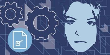 A blue and white image of a face and a gear